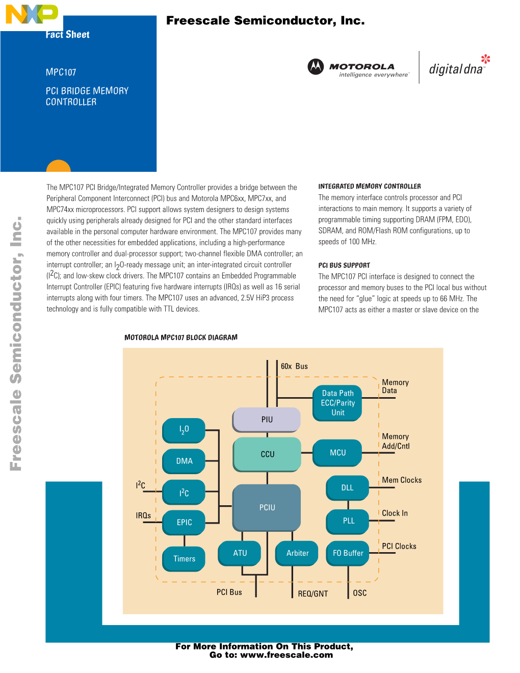 MPC107 PCI Bridge/Integrated Memory Controller Fact Sheet