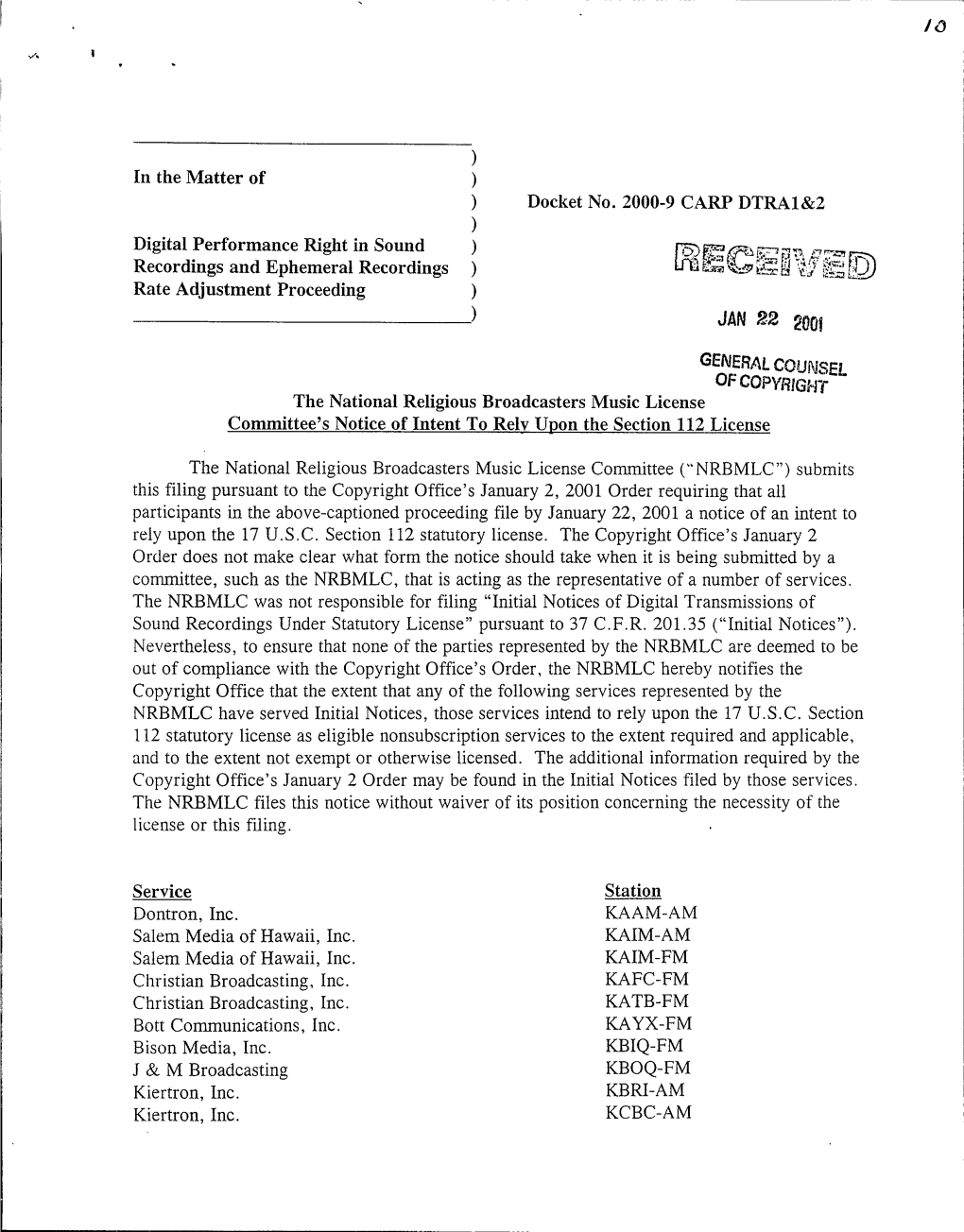 The National Religious Broadcasters Music License Committee's Notice of Intent to Rely Upon the Section