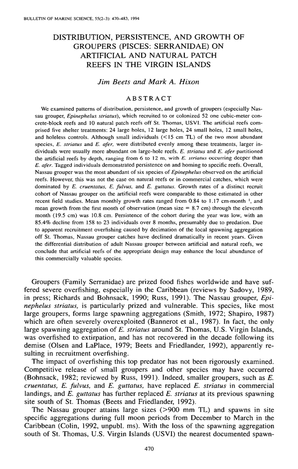 Pisces: Serranidae) on Artificial and Natural Patch Reefs in the Virgin Islands