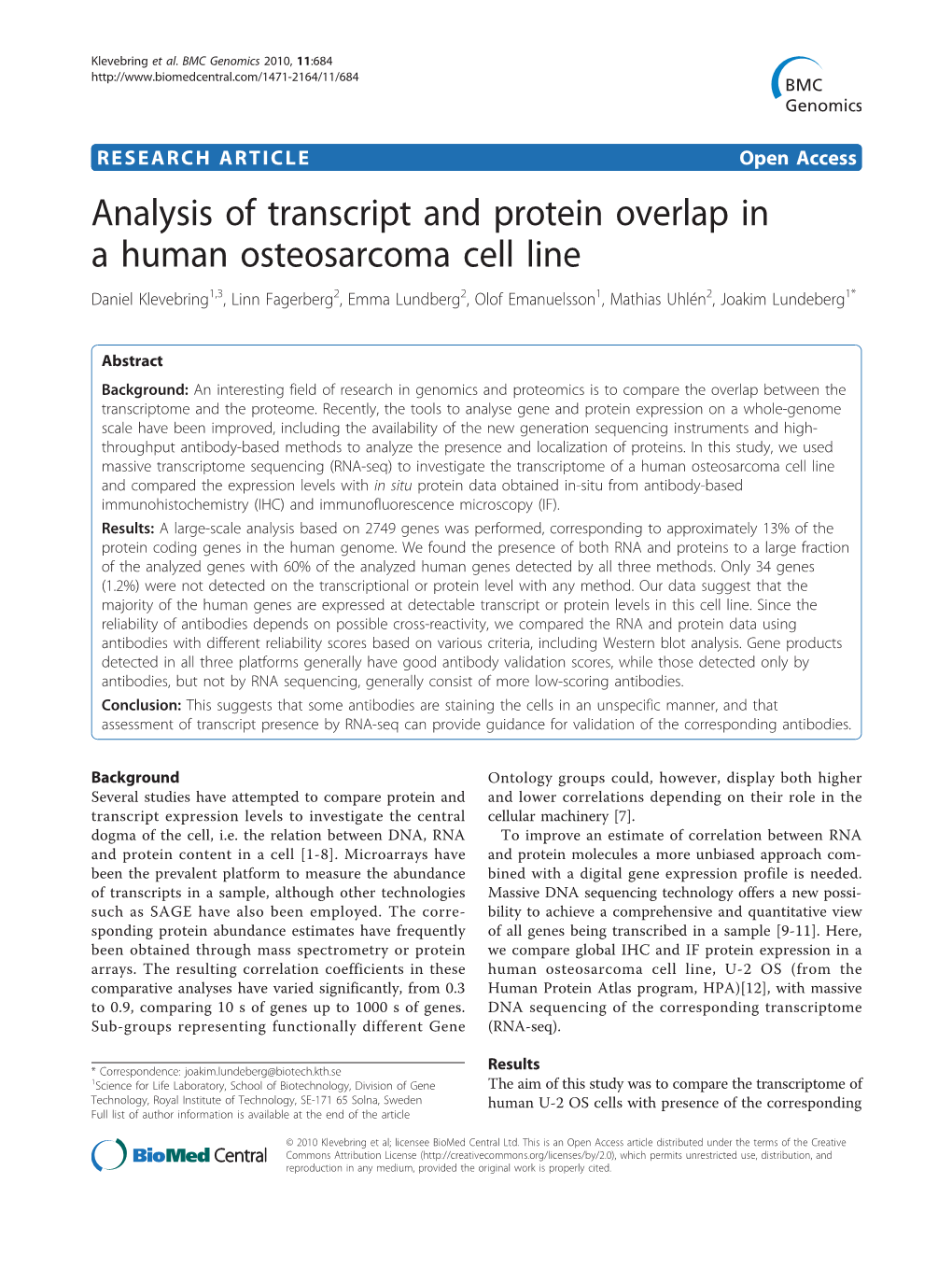 Analysis of Transcript and Protein Overlap in a Human Osteosarcoma Cell Line