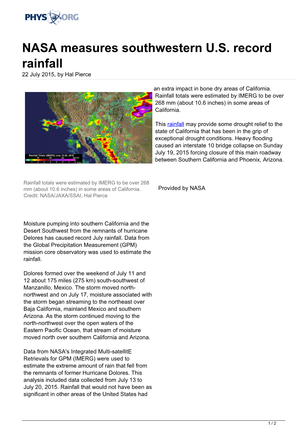 NASA Measures Southwestern US Record Rainfall