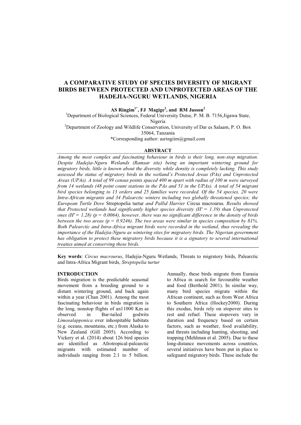 A Comparative Study of Species Diversity of Migrant Birds Between Protected and Unprotected Areas of the Hadejia-Nguru Wetlands, Nigeria