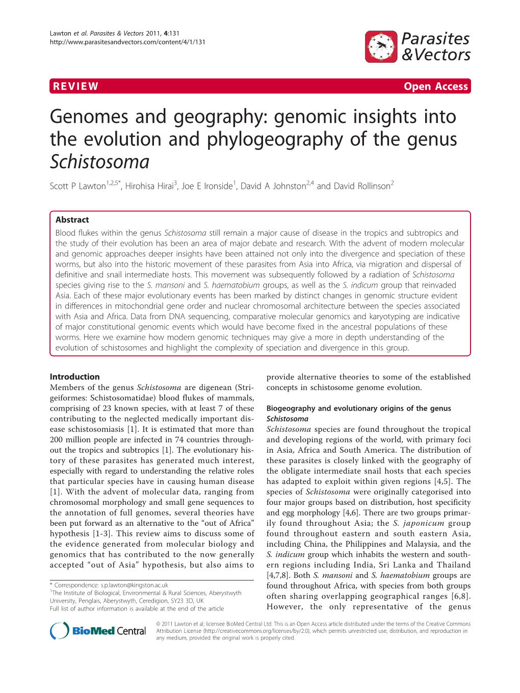Schistosoma Scott P Lawton1,2,5*, Hirohisa Hirai3, Joe E Ironside1, David a Johnston2,4 and David Rollinson2