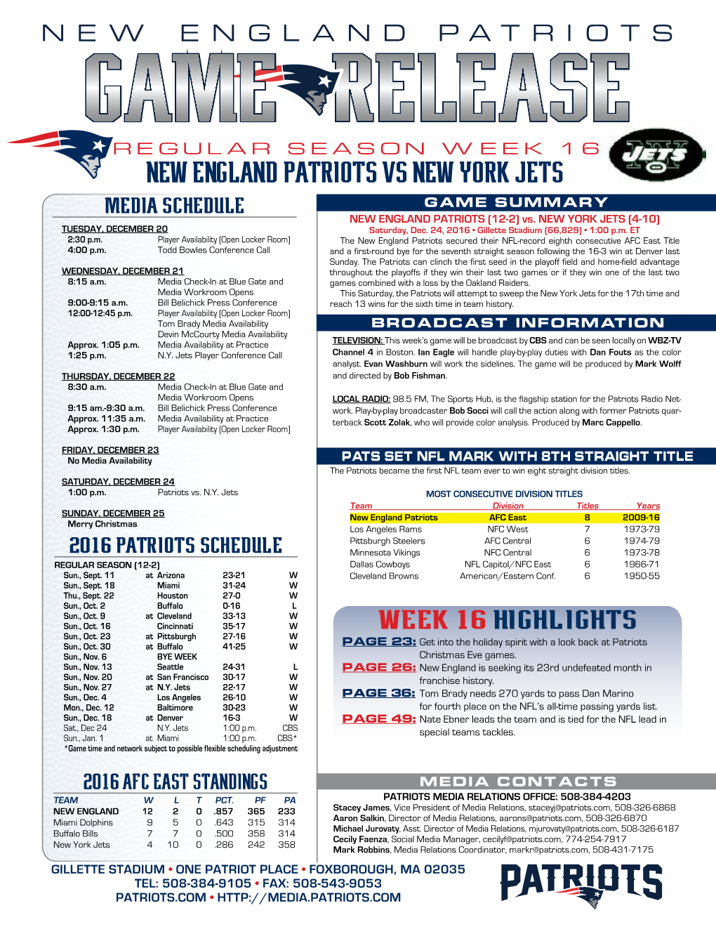 NEW ENGLAND PATRIOTS Vs NEW YORK JETS MEDIA SCHEDULE GAME SUMMARY NEW ENGLAND PATRIOTS (12-2) Vs