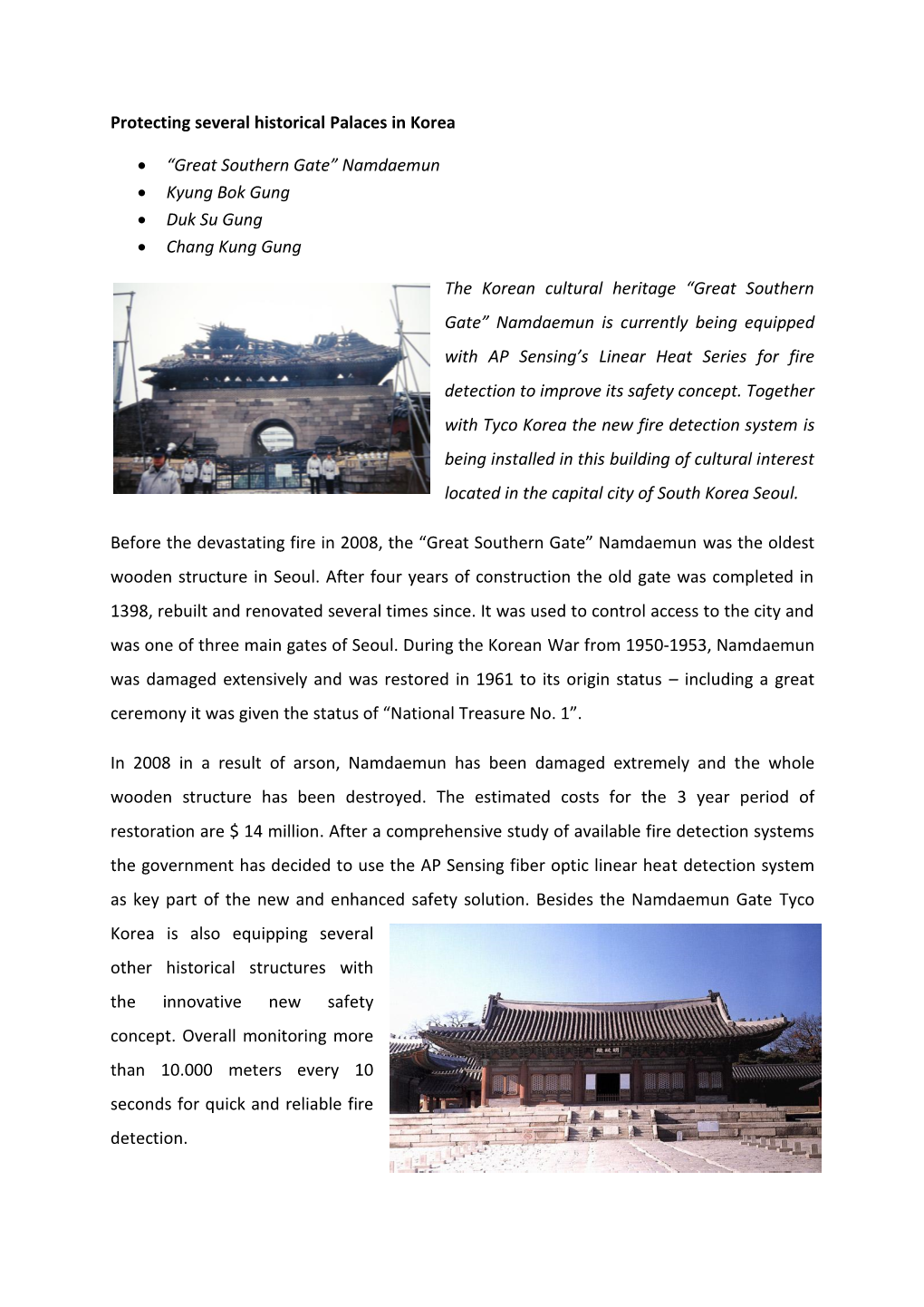 Linear Heat Detection in Historical Korean Palaces