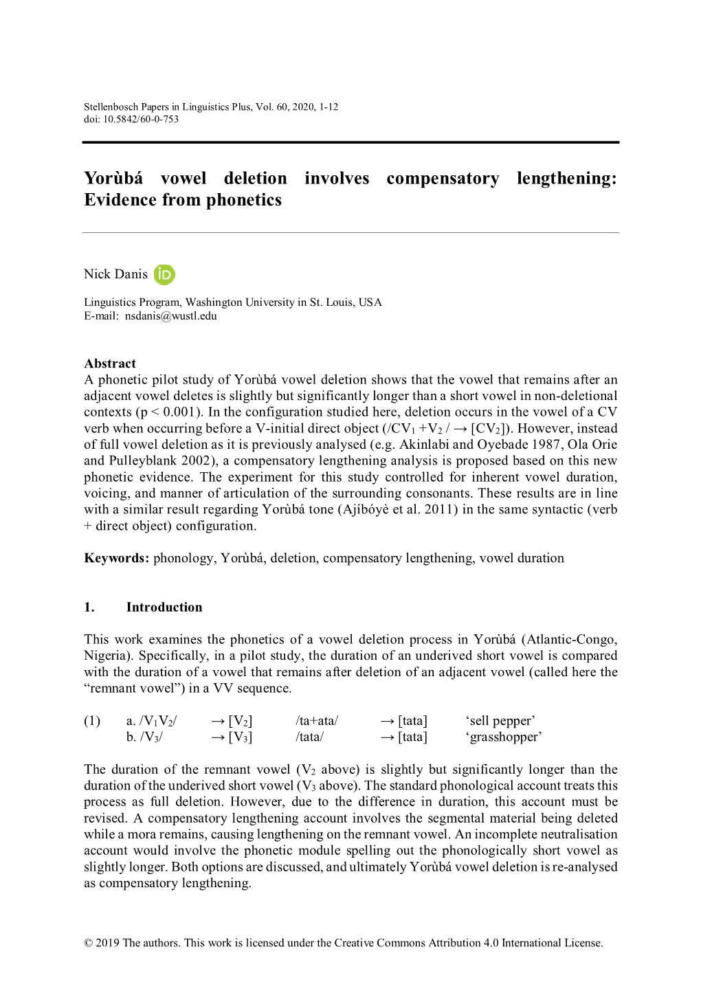 Yorùbá Vowel Deletion Involves Compensatory Lengthening: Evidence from Phonetics