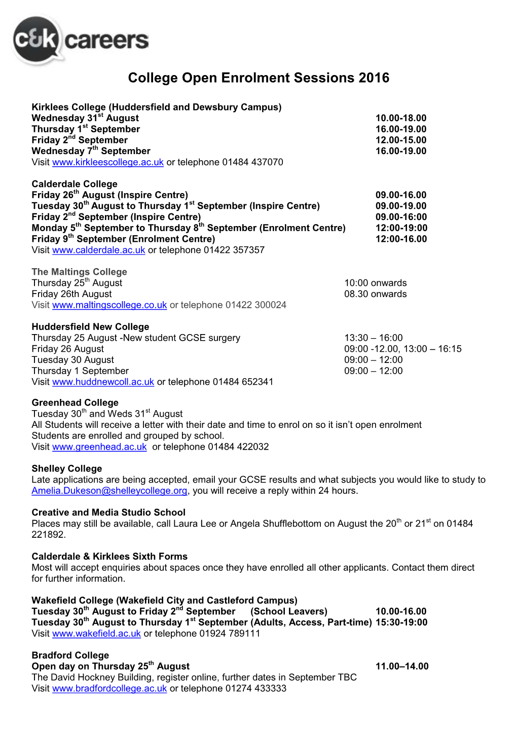 College Open Enrolment Sessions 2016