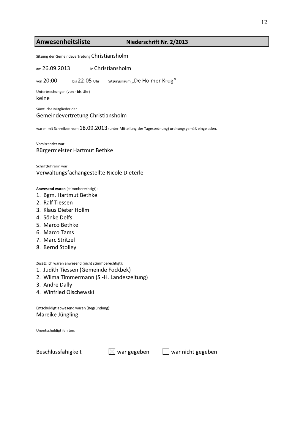 Anwesenheitsliste Niederschrift Nr