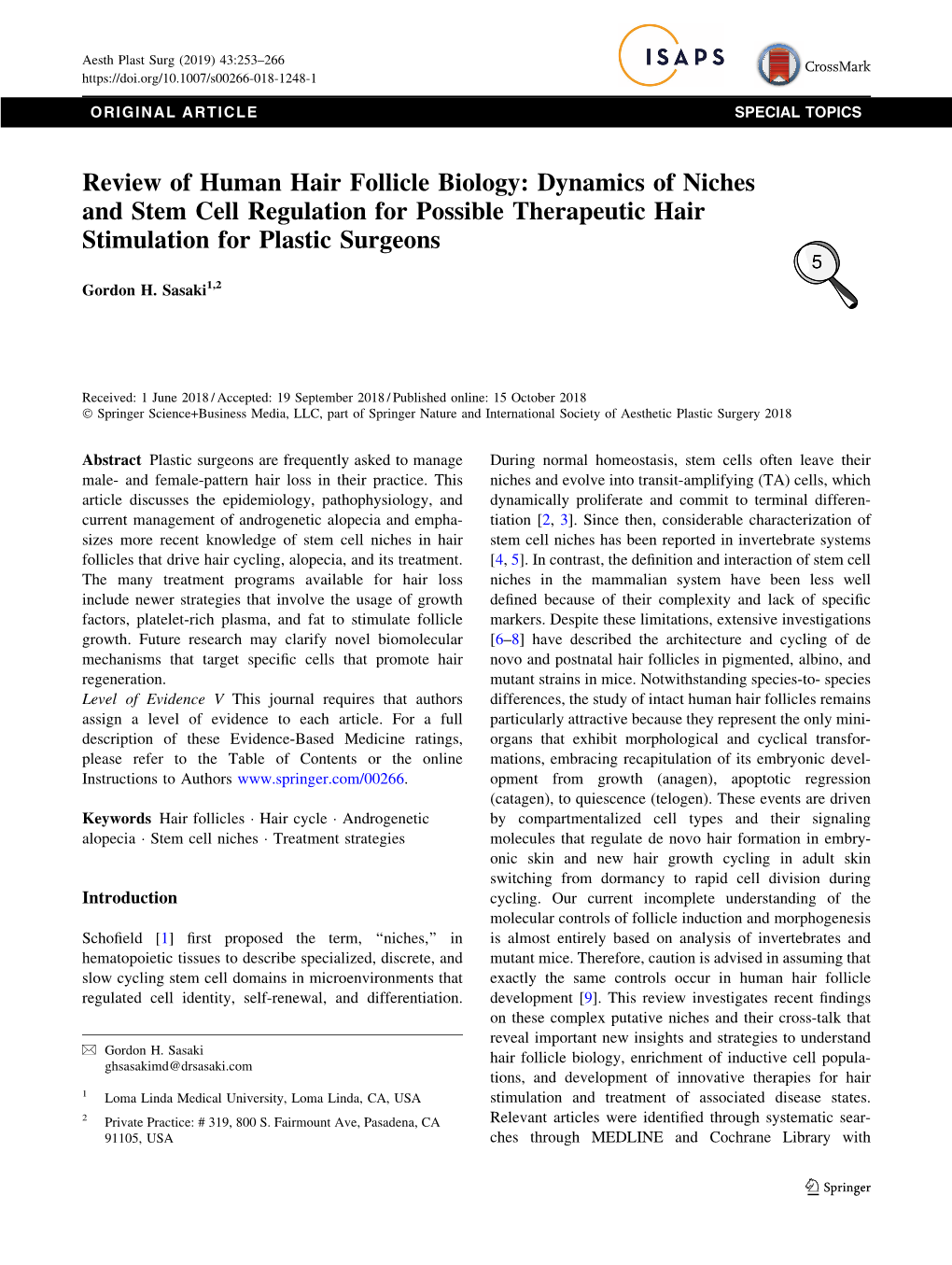 Review of Human Hair Follicle Biology: Dynamics of Niches and Stem Cell Regulation for Possible Therapeutic Hair Stimulation for Plastic Surgeons