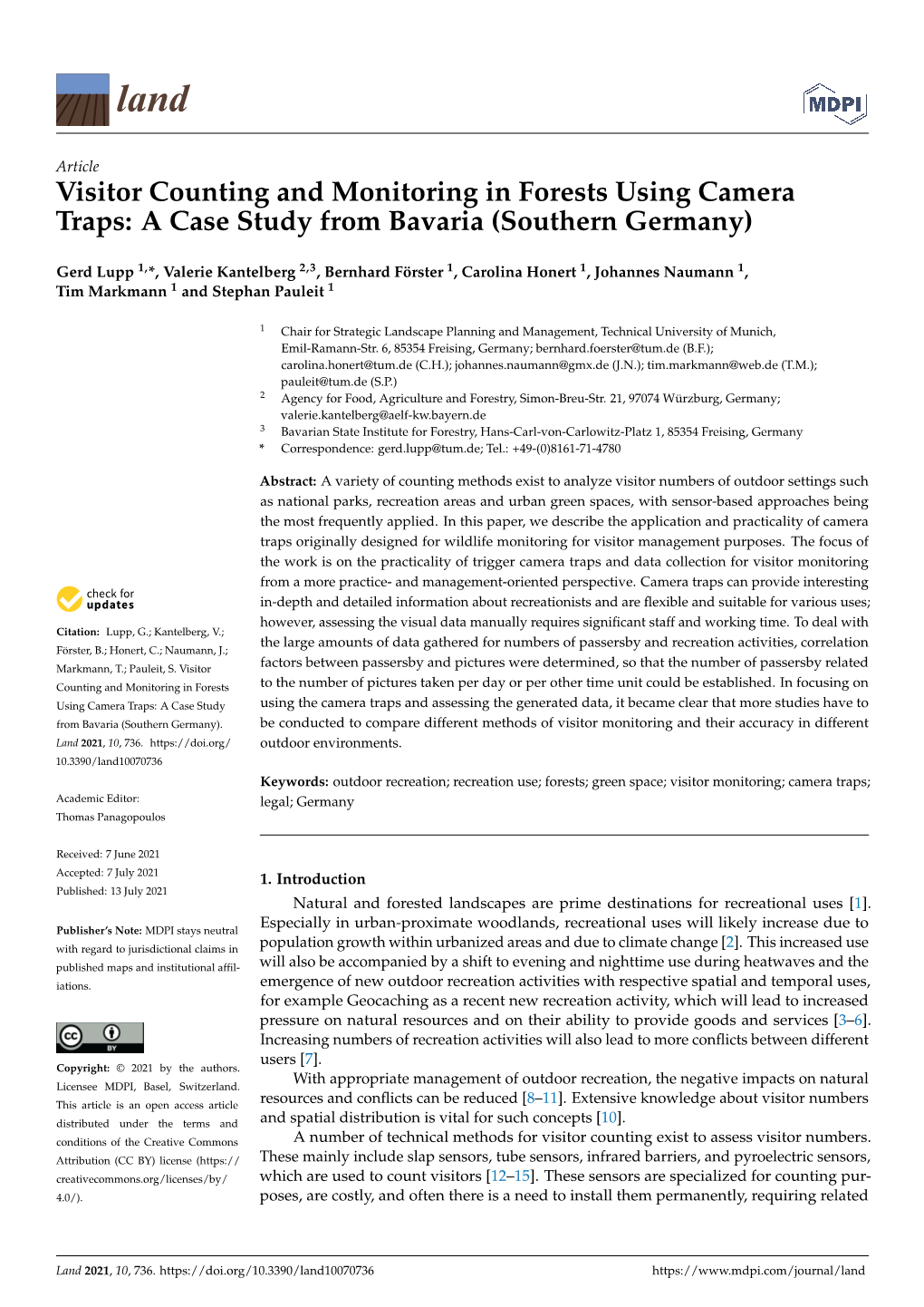 Visitor Counting and Monitoring in Forests Using Camera Traps: a Case Study from Bavaria (Southern Germany)