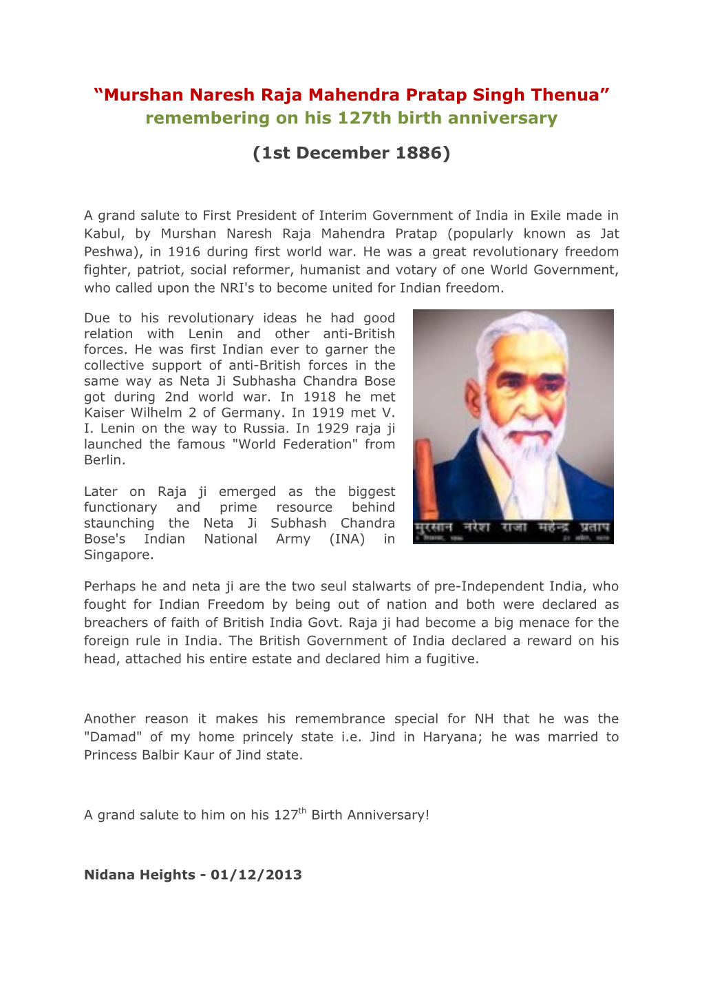 Murshan Naresh Raja Mahendra Pratap Singh Thenua” Remembering on His 127Th Birth Anniversary