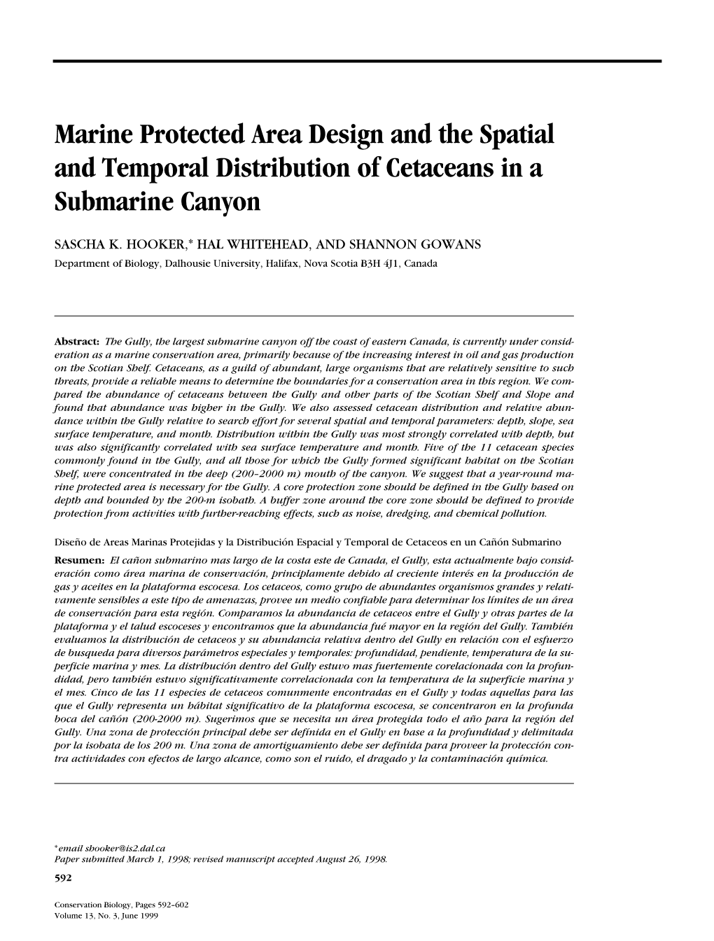 Marine Protected Area Design and the Spatial and Temporal Distribution of Cetaceans in a Submarine Canyon