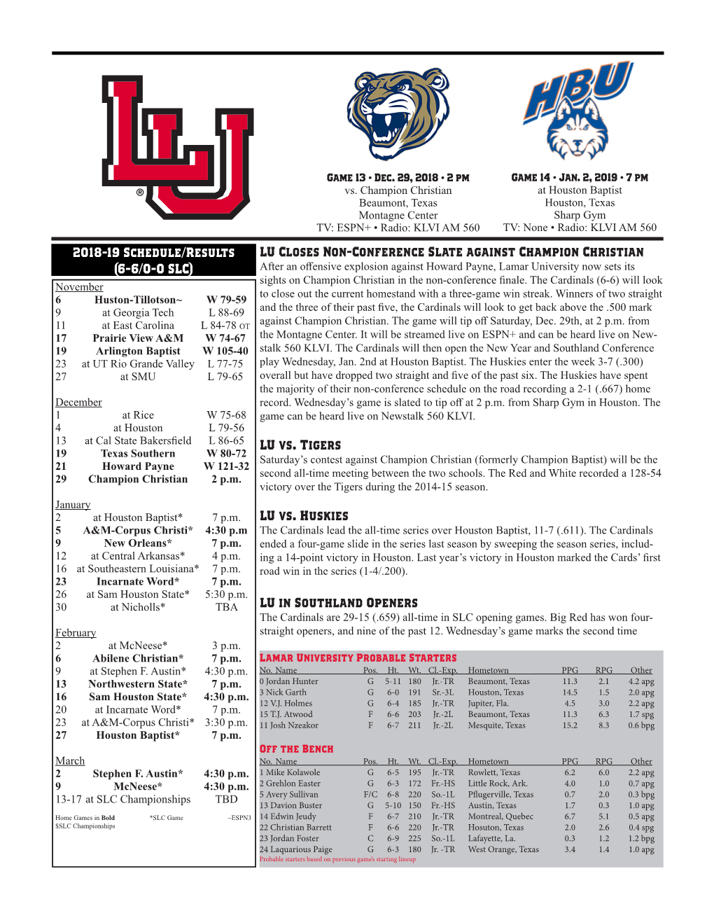 2018-19 Schedule/Results (6-6/0-0 SLC) LU Closes Non-Conference Slate Against Champion Christian LU Vs. Tigers LU Vs. Huskies LU