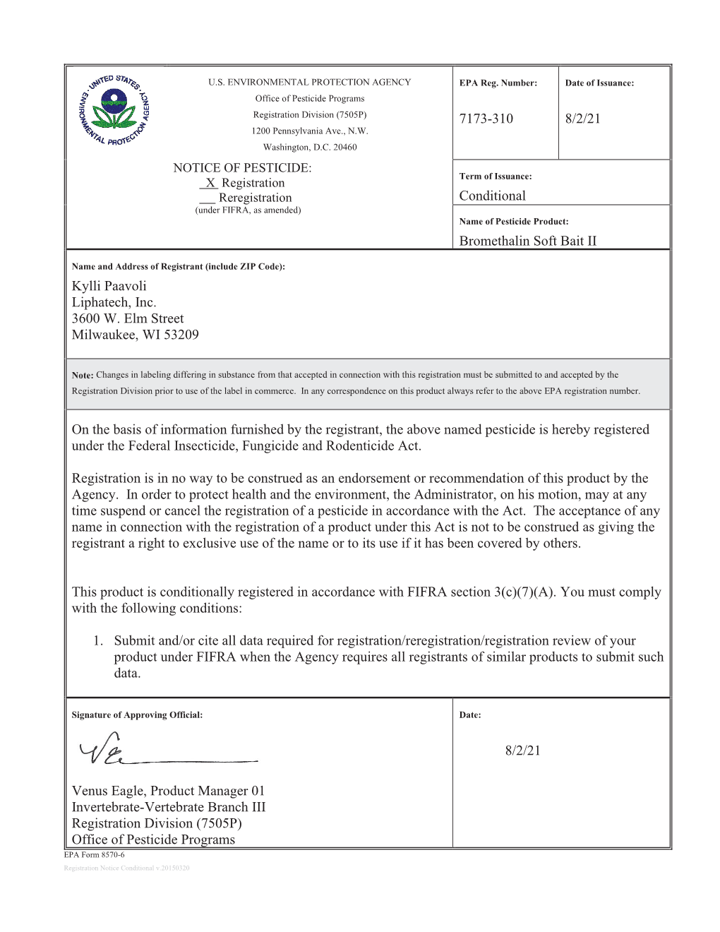 US EPA, Pesticide Product Label, Bromethalin Soft Bait II,08/02/2021