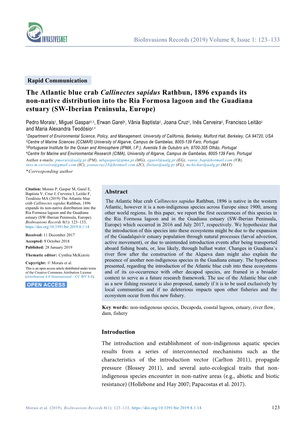 The Atlantic Blue Crab Callinectes Sapidus Rathbun, 1896 Expands Its