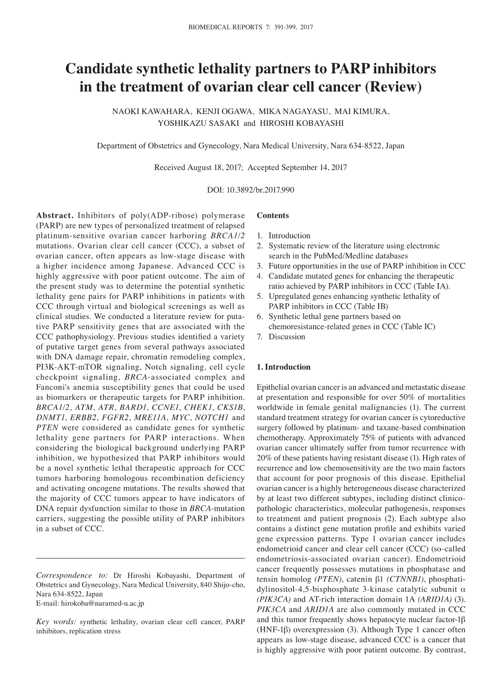 Candidate Synthetic Lethality Partners to PARP Inhibitors in the Treatment of Ovarian Clear Cell Cancer (Review)