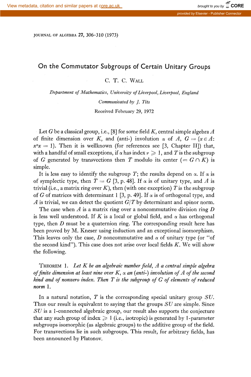 On the Commutator Subgroups of Certain Unitary Groups