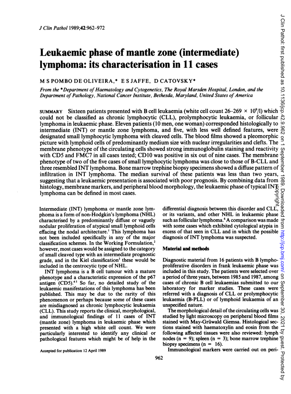 Leukaemic Phase of Mantle Zone (Intermediate) Lymphoma: Its Characterisation in 11 Cases