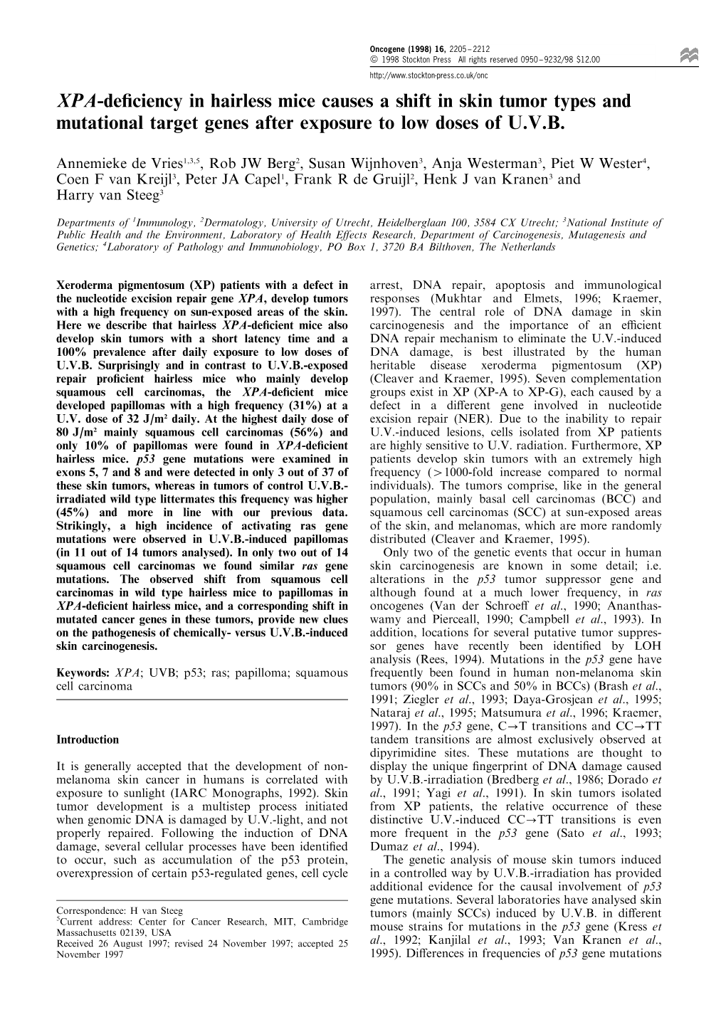 XPA-Deficiency in Hairless Mice Causes a Shift in Skin Tumor Types