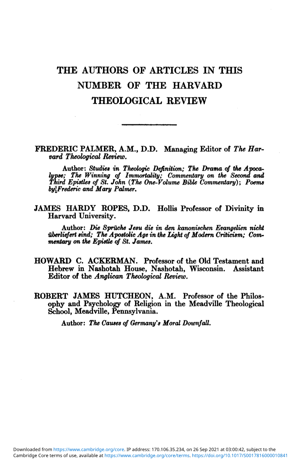 The Authors of Articles in This Number of the Harvard Theological Review