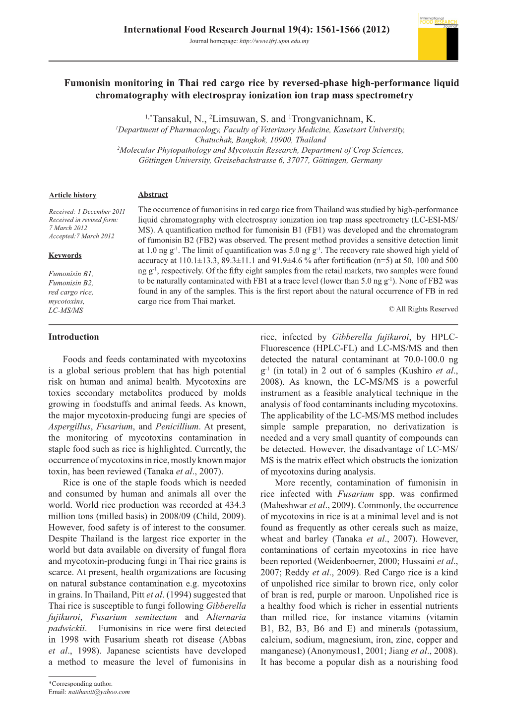 Fumonisin Monitoring in Thai Red Cargo Rice by Reversed-Phase High-Performance Liquid Chromatography with Electrospray Ionization Ion Trap Mass Spectrometry