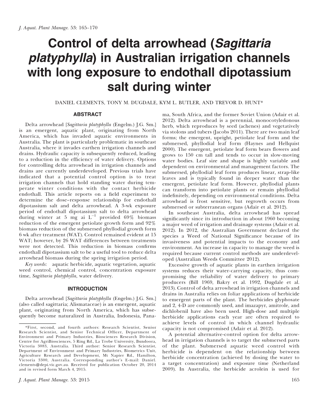 Control of Delta Arrowhead (Sagittaria Platyphylla) in Australian Irrigation Channels with Long Exposure to Endothall Dipotassium Salt During Winter