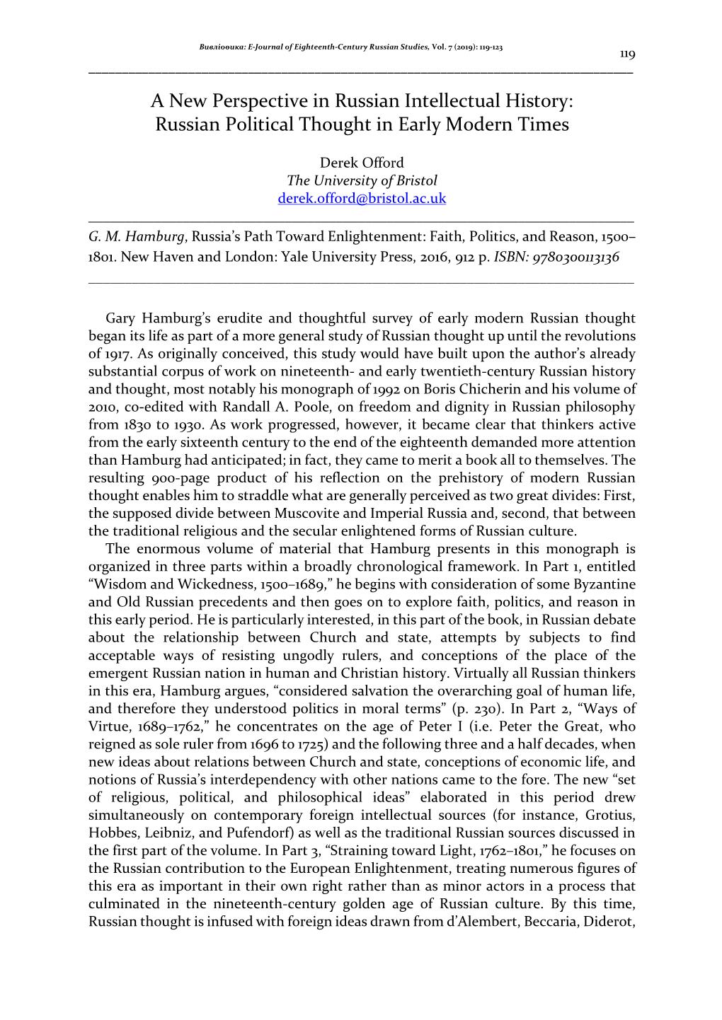 A New Perspective in Russian Intellectual History: Russian Political Thought in Early Modern Times