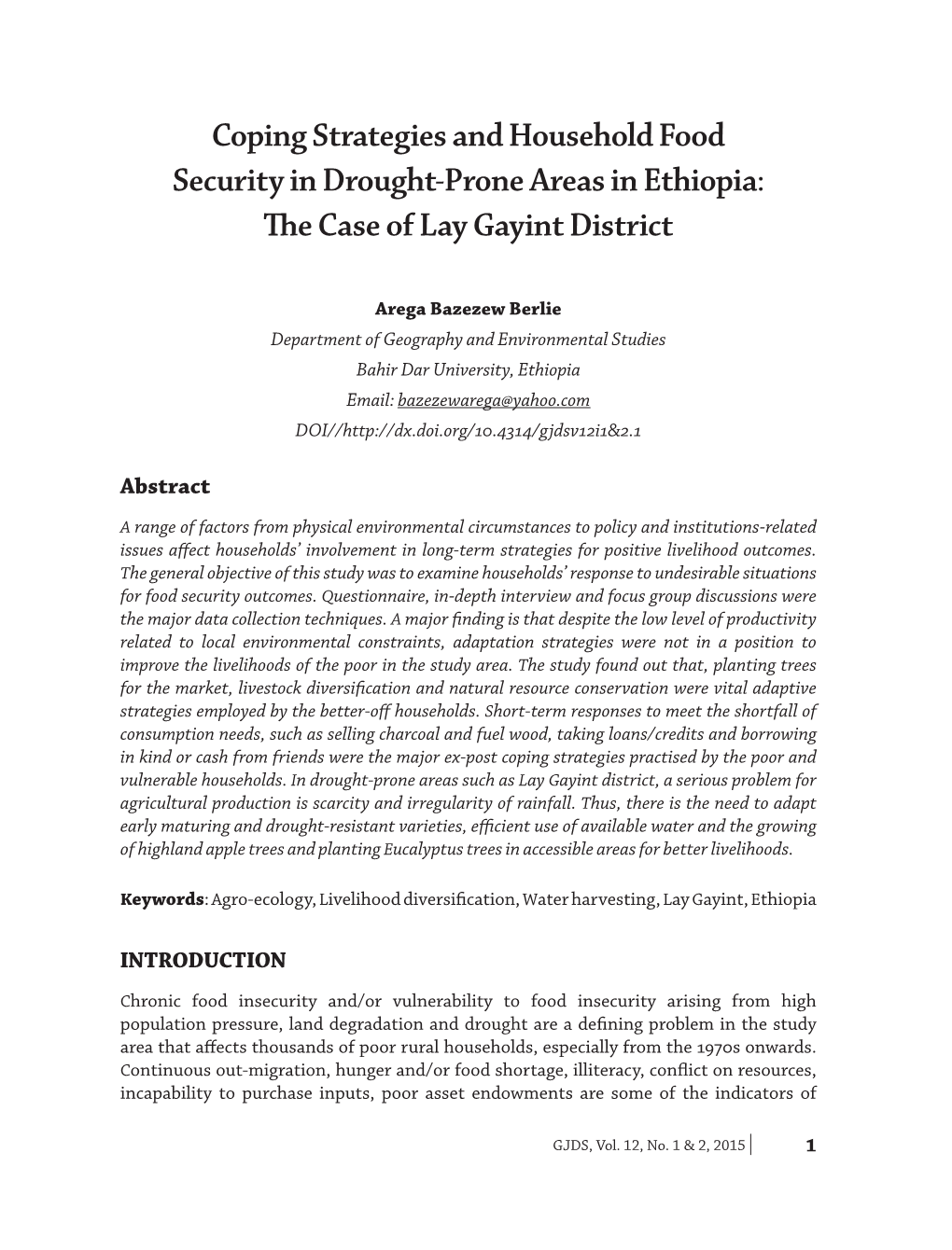 Coping Strategies and Household Food Security in Drought-Prone Areas in Ethiopia: the Case of Lay Gayint District