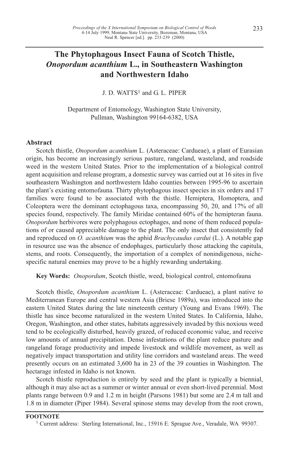 The Phytophagous Insect Fauna of Scotch Thistle, Onopordum Acanthium L., in Southeastern Washington and Northwestern Idaho