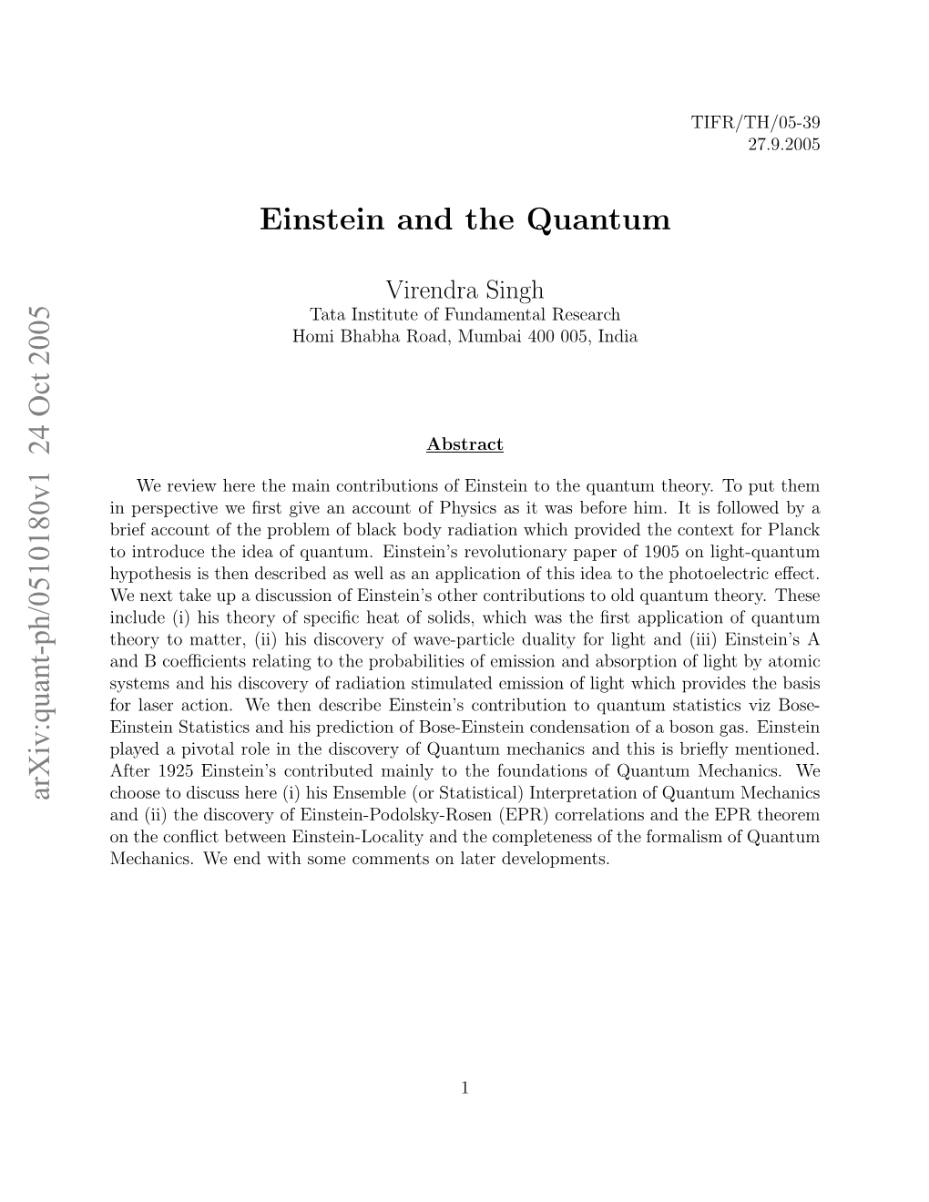 Arxiv:Quant-Ph/0510180V1 24 Oct 2005 Einstein and the Quantum