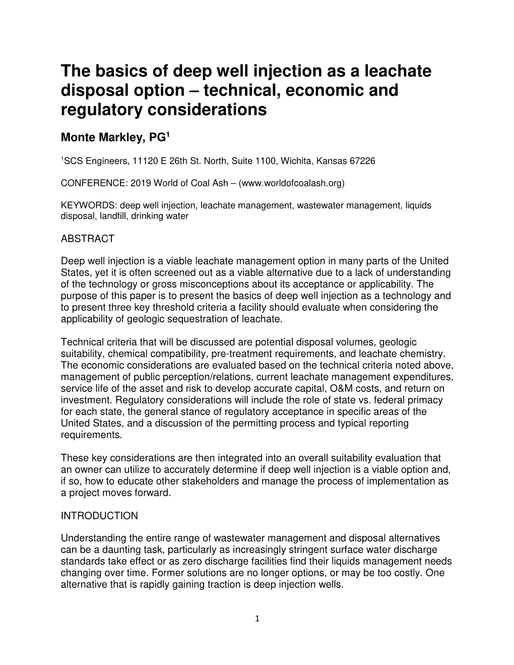 The Basics of Deep Well Injection As a Leachate Disposal Option – Technical, Economic and Regulatory Considerations