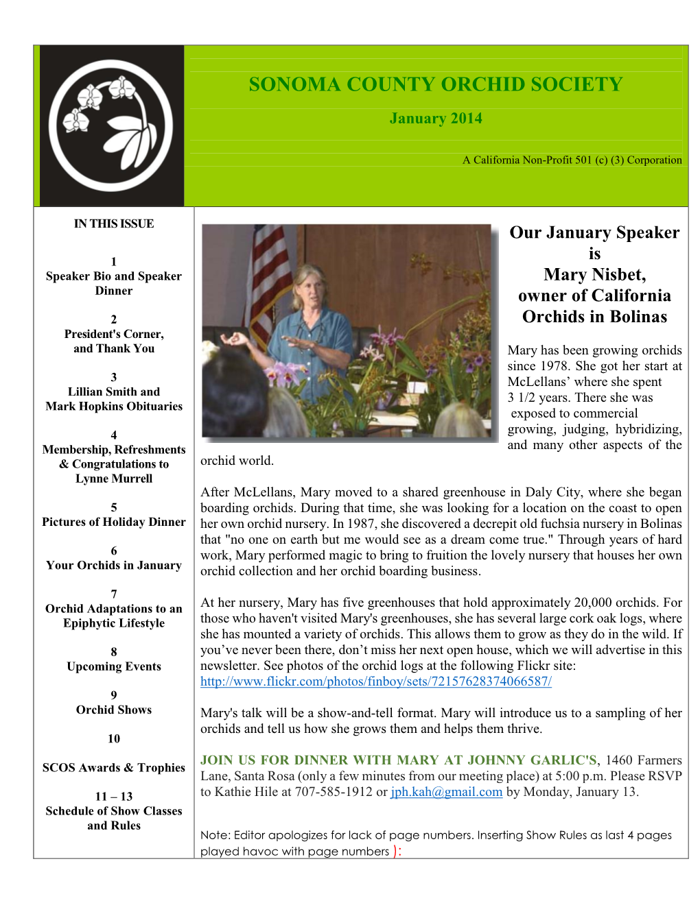 Our January Speaker Is Mary Nisbet, Owner of California Orchids in Bolinas