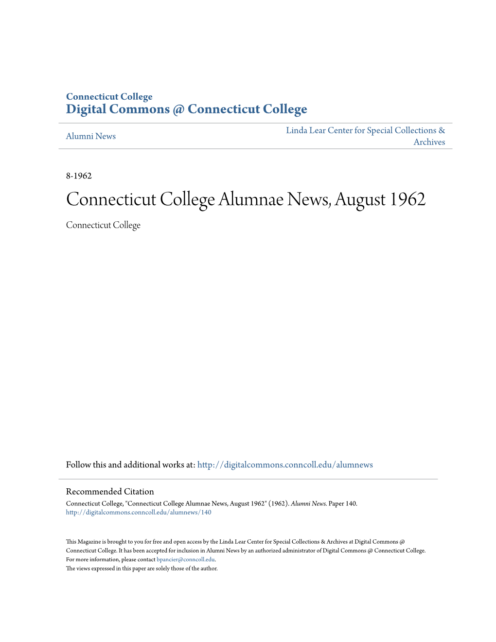 Connecticut College Alumnae News, August 1962 Connecticut College