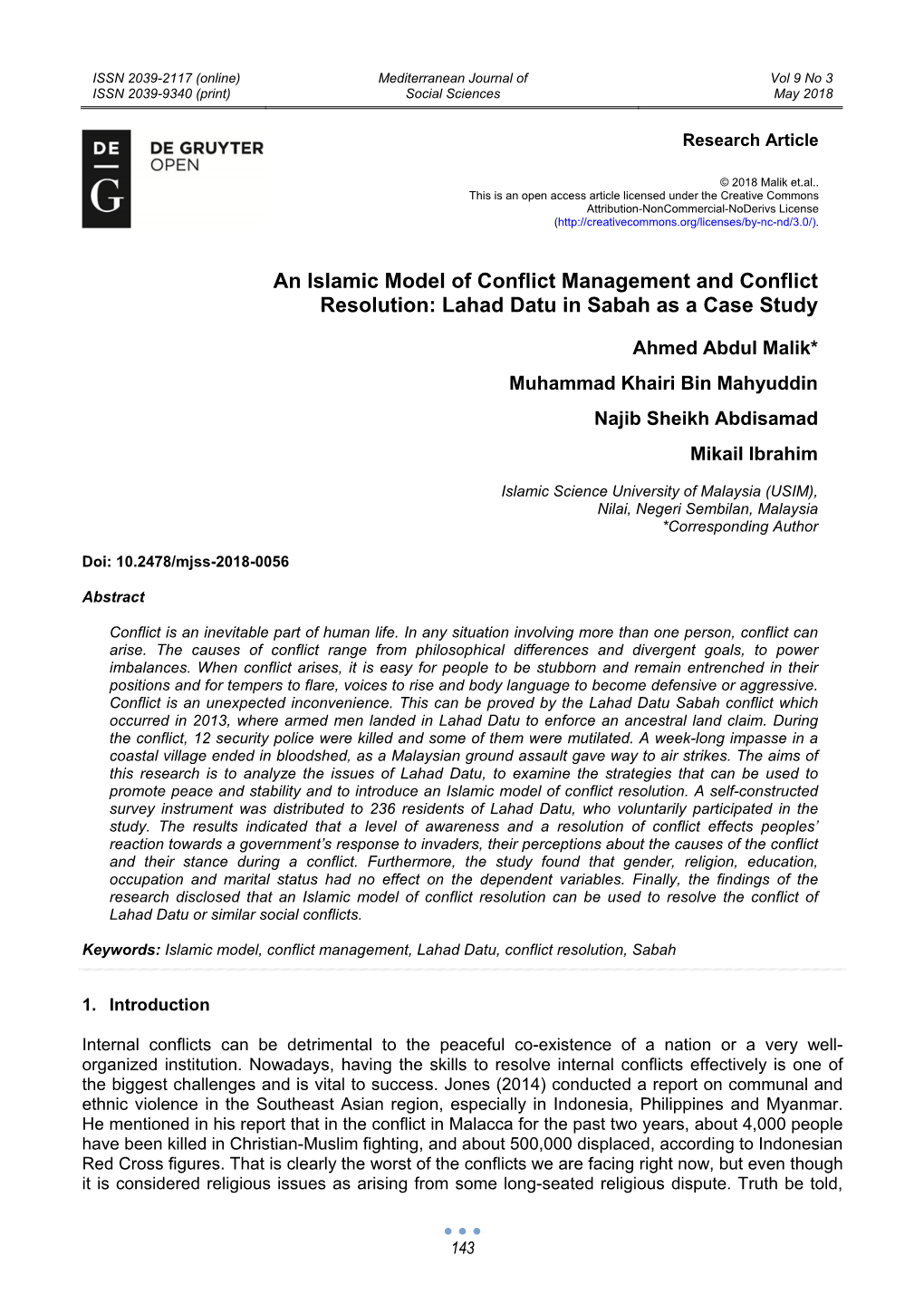 An Islamic Model of Conflict Management and Conflict Resolution: Lahad Datu in Sabah As a Case Study