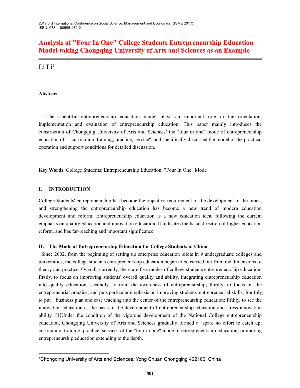 Analysis of "Four in One" College Students Entrepreneurship Education Model-Taking Chongqing University of Arts and Sciences As an Example