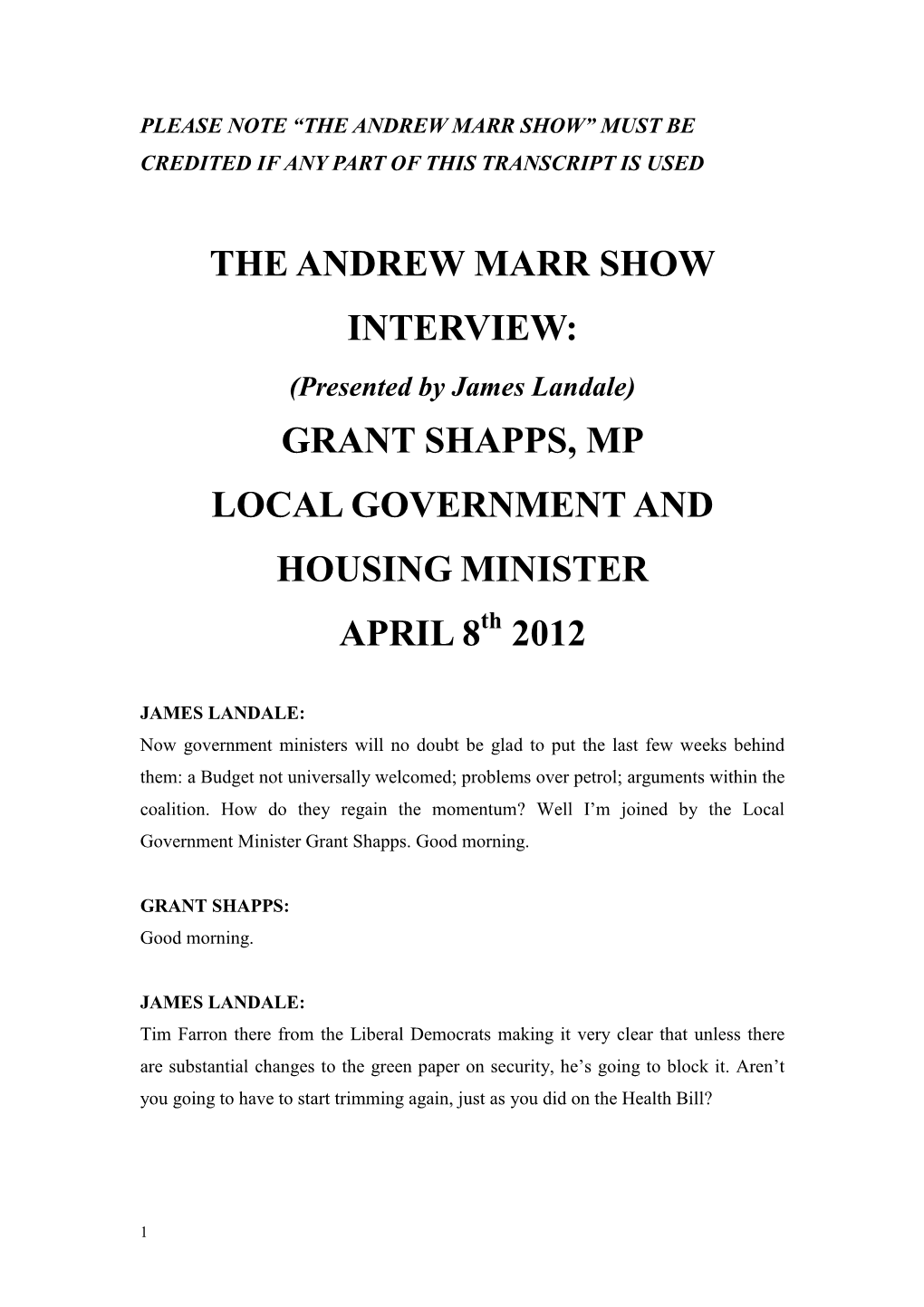 Please Note “The Andrew Marr Show” Must Be Credited If Any Part of This Transcript Is Used