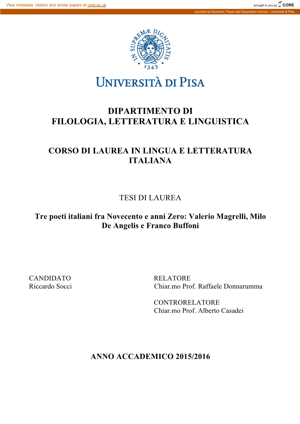 Dipartimento Di Filologia, Letteratura E Linguistica