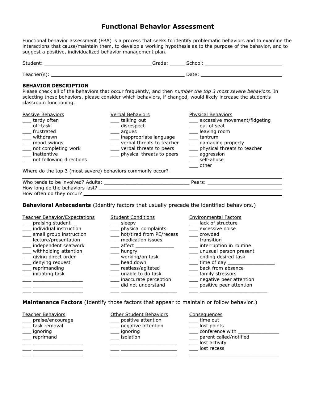 Functional Behavior Assessment