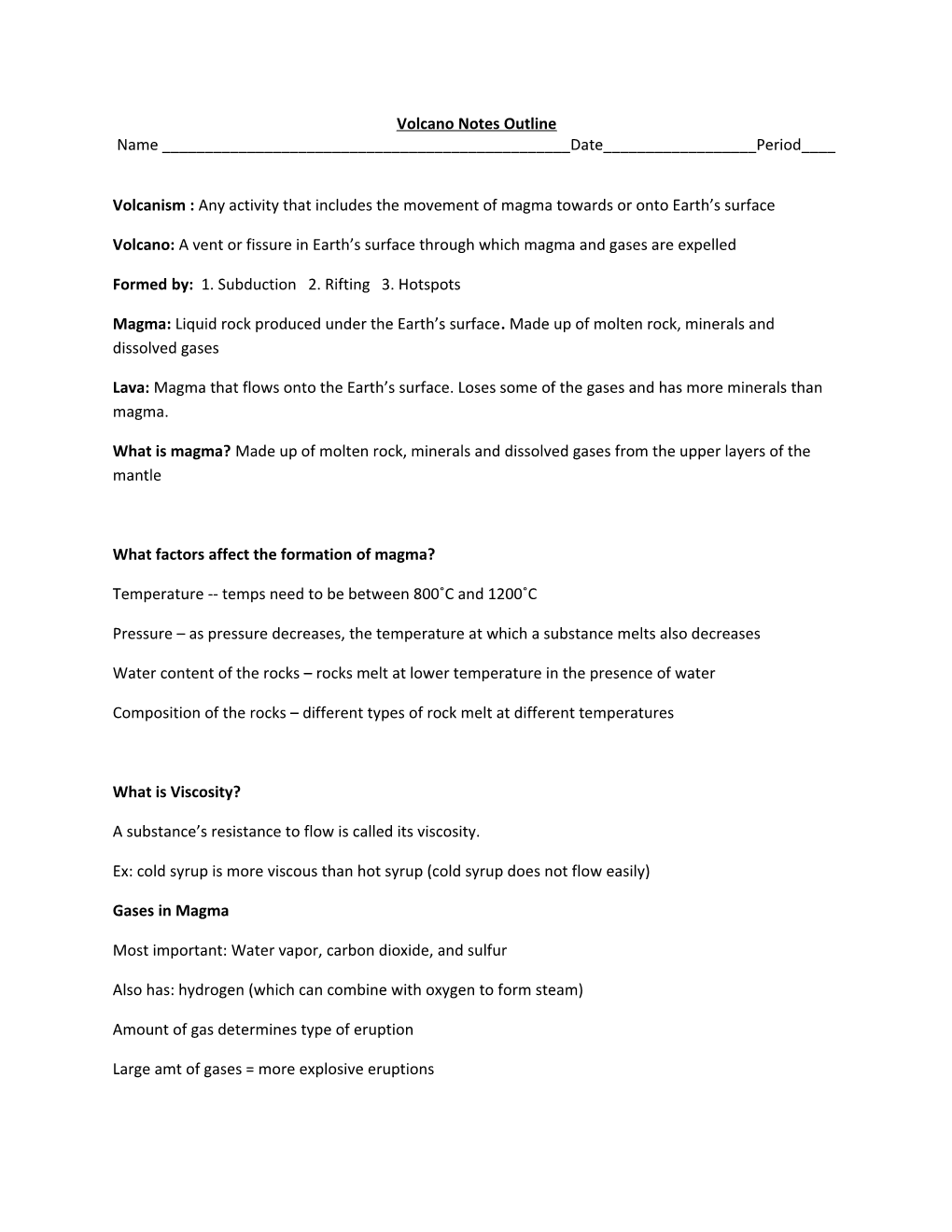 Volcano Notes Outline