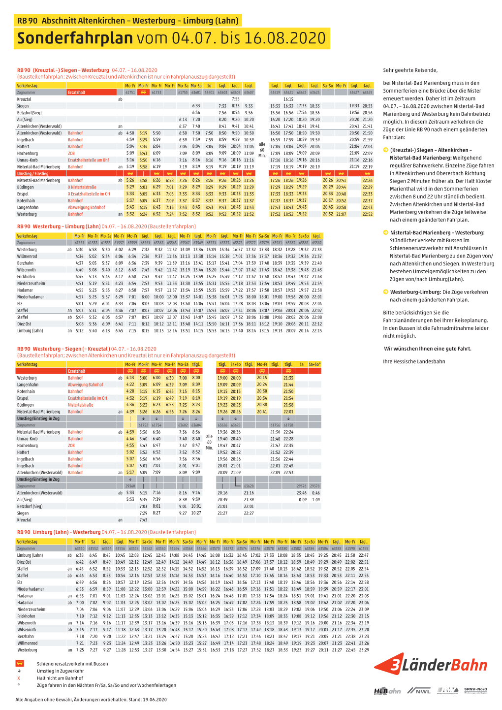 Sonderfahrplan Vom 04.07. Bis 16.08.2020