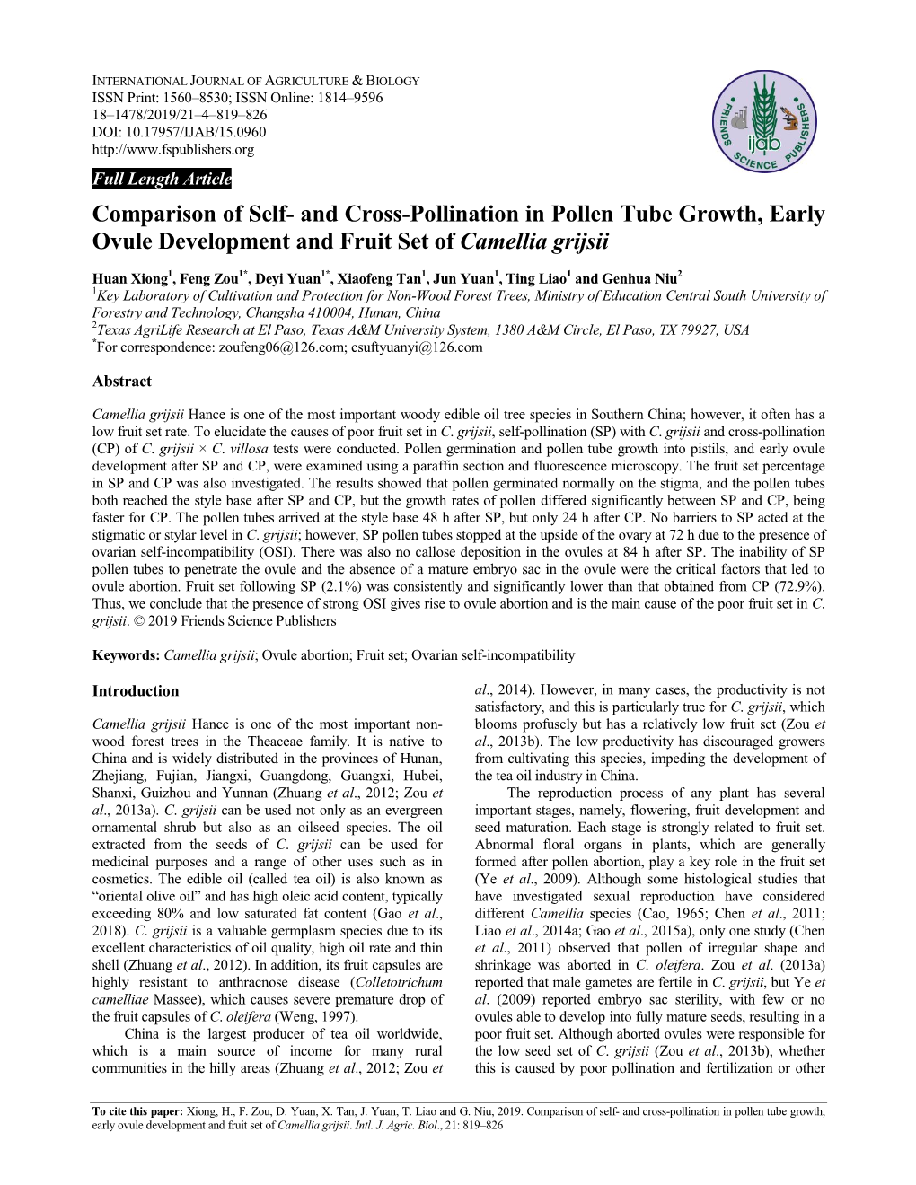 And Cross-Pollination in Pollen Tube Growth, Early Ovule Development and Fruit Set of Camellia Grijsii