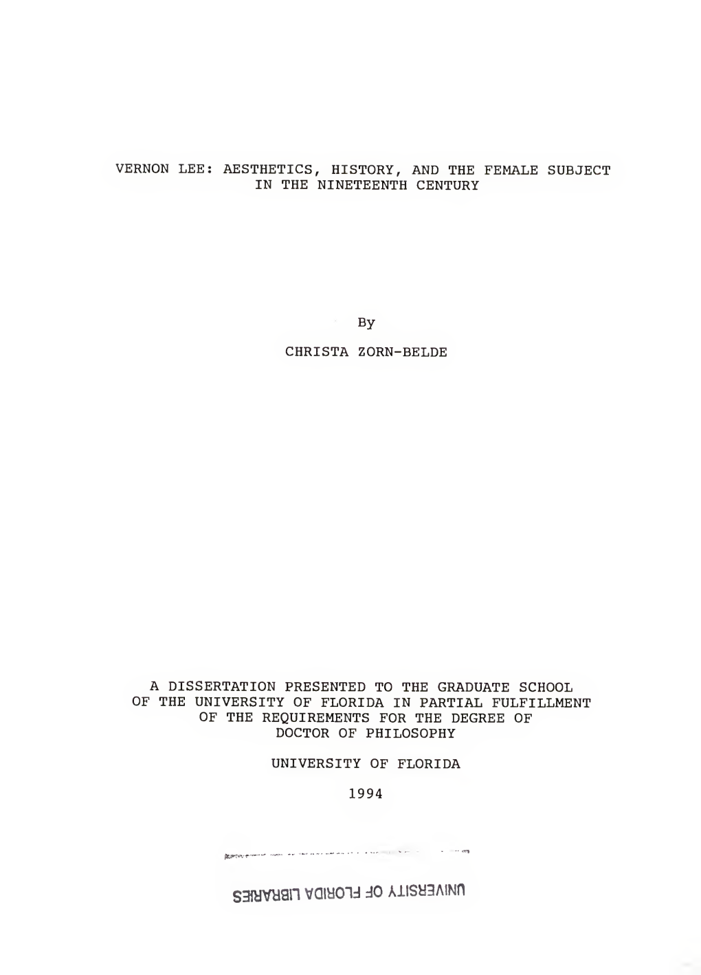 Vernon Lee: Aesthetics, History, and the Female Subject in the Nineteenth Century