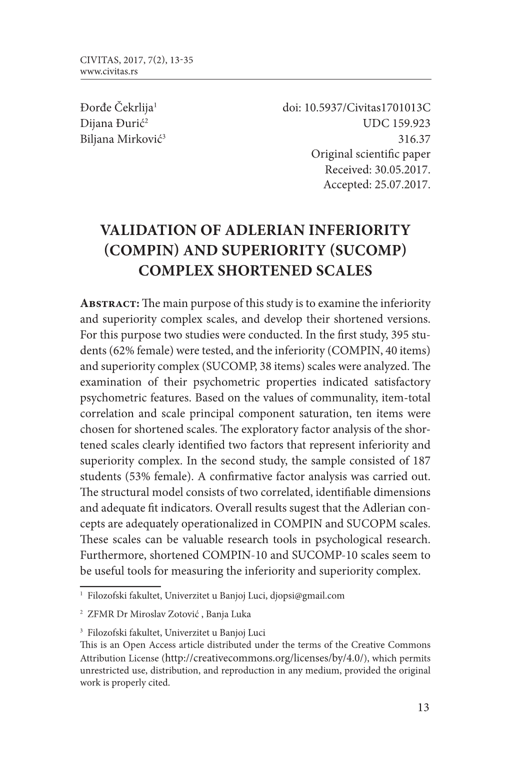 Validation of Adlerian Inferiority (Compin) and Superiority (Sucomp) Complex Shortened Scales