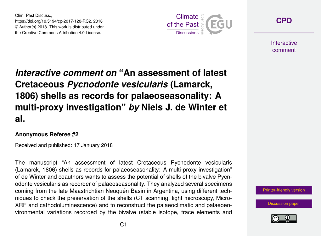 An Assessment of Latest Cretaceous Pycnodonte Vesicularis (Lamarck, 1806) Shells As Records for Palaeoseasonality: a Multi-Proxy Investigation” by Niels J