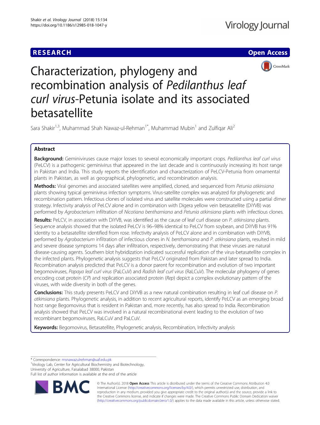 Characterization, Phylogeny and Recombination Analysis of Pedilanthus Leaf Curl Virus-Petunia Isolate and Its Associated Betasat