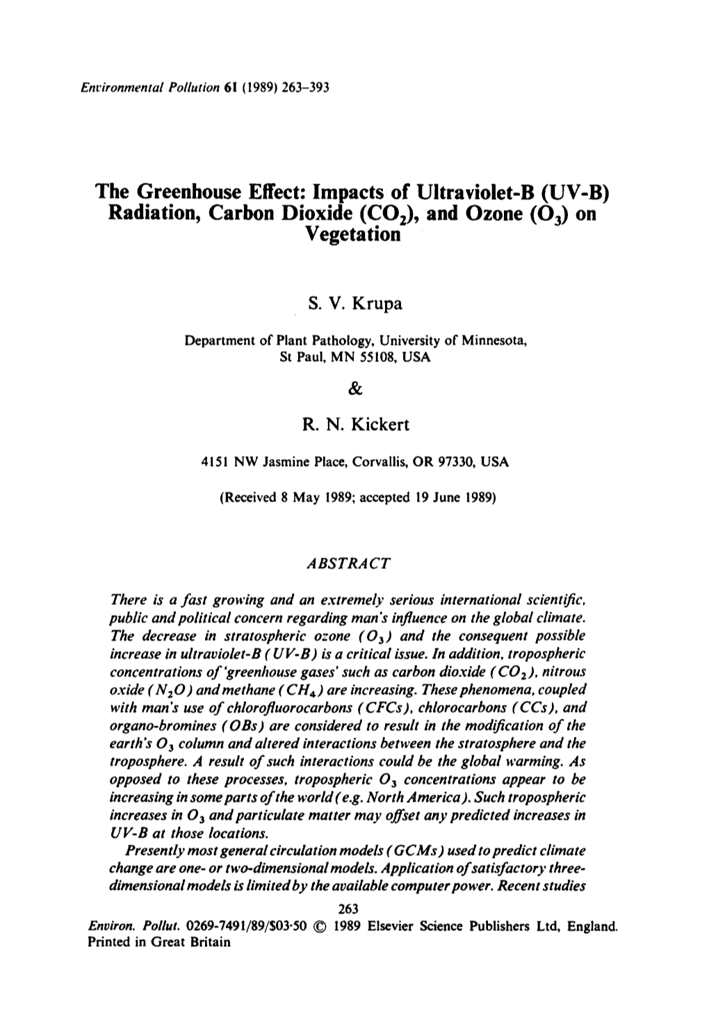 The Greenhouse Effect: Impacts of Ultraviolet-B (UV-B) Radiation, Carbon Dioxide (CO2), and Ozone (O3) on Vegetation