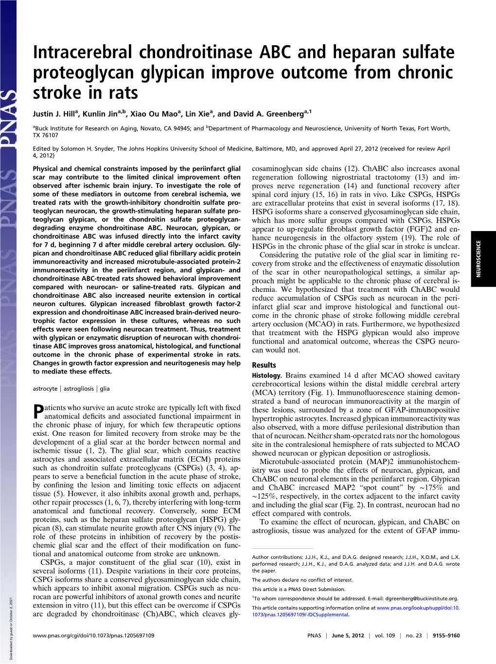 Intracerebral Chondroitinase ABC and Heparan Sulfate Proteoglycan Glypican Improve Outcome from Chronic Stroke in Rats