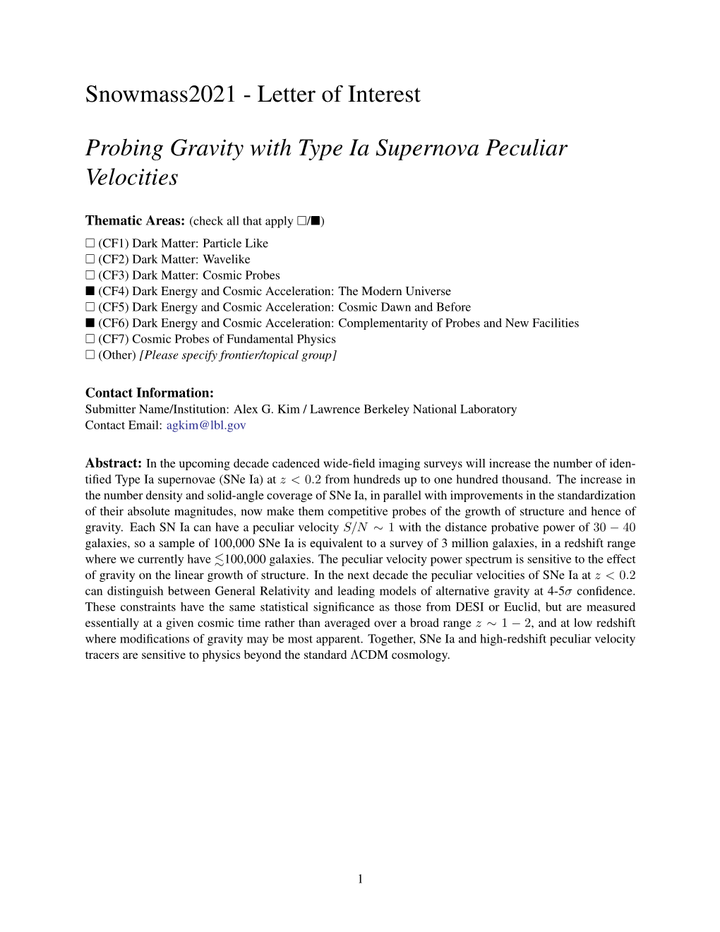 Letter of Interest Probing Gravity with Type Ia Supernova Peculiar Velocities