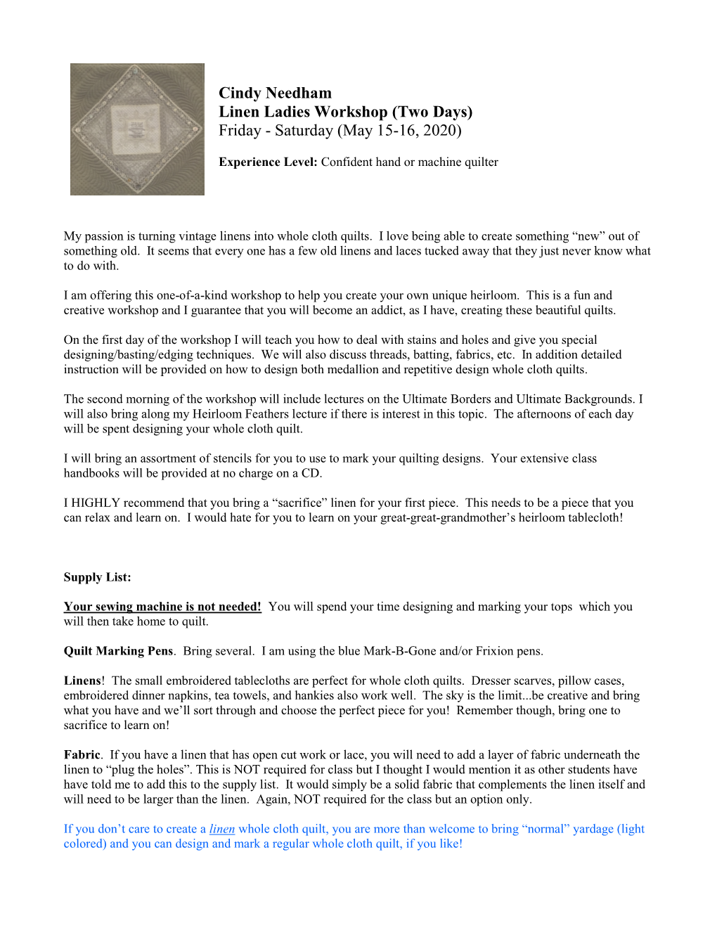 Cindy Needham Linen Ladies Workshop (Two Days) Friday - Saturday (May 15-16, 2020)
