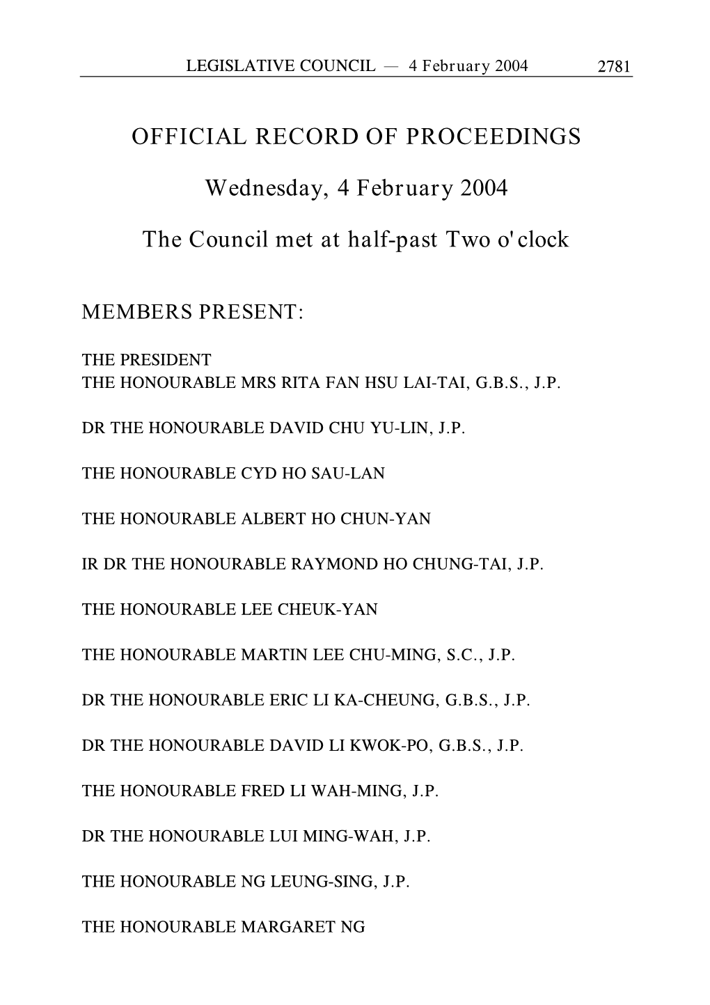 OFFICIAL RECORD of PROCEEDINGS Wednesday, 4